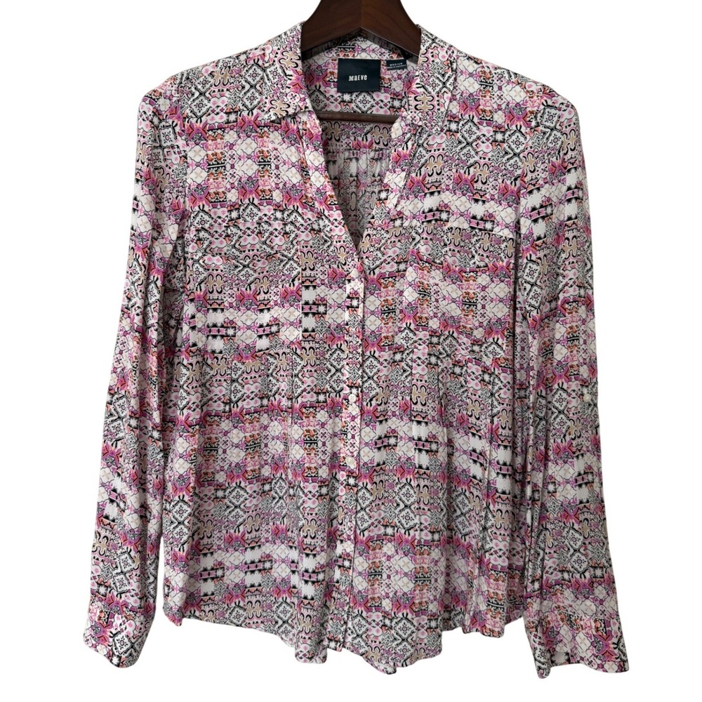 Maeve Womens Rayon Pink Geometric Print Long Sleeve Button Up Shirt Medium